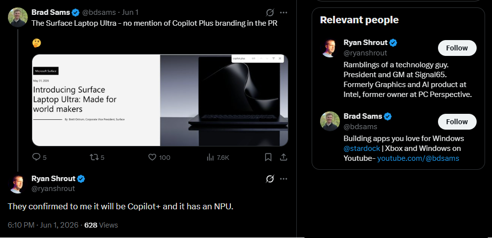 Signal65 President confirms Surface Laptop Ultra is a Copilot+ PC
