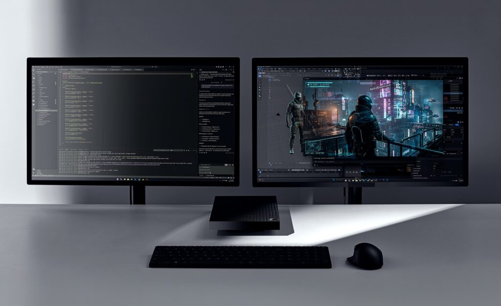 Surface RTX Spark Dev Box with monitors and keyboard and mouse