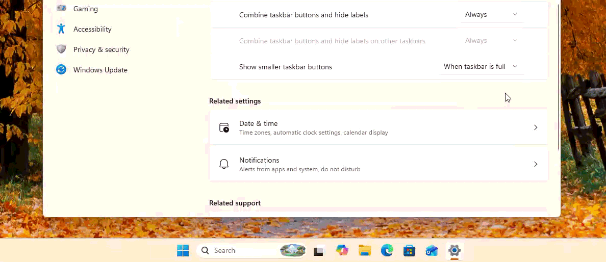 Taskbar resizing settings