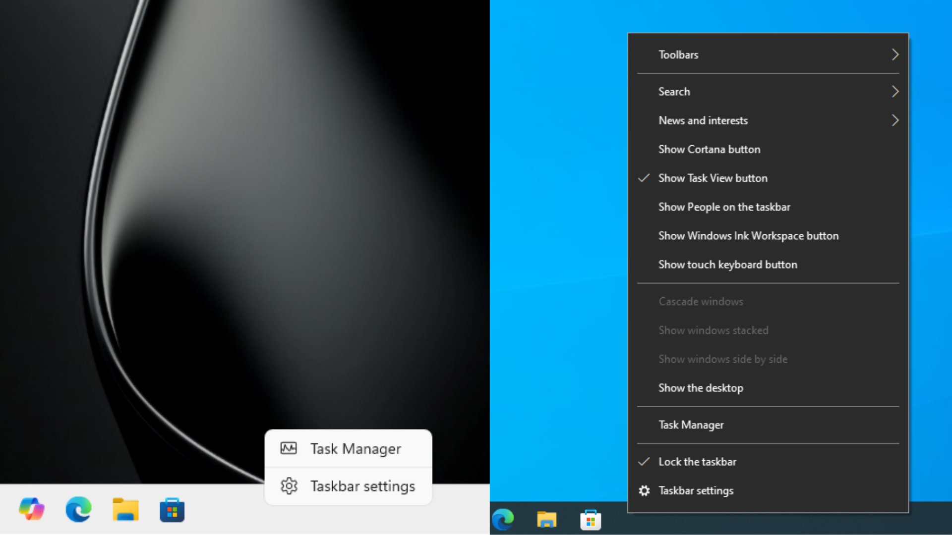 Windows 11 taskbar right-click menu vs Windows 11 taskbar right-click menu