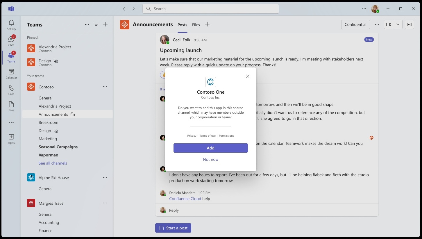 Apps must be added per private channel in Teams