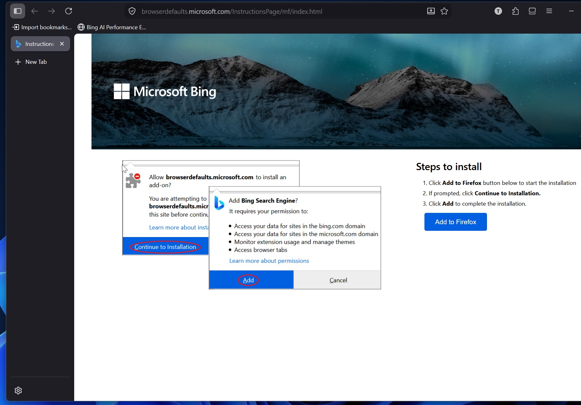 Bing pop-up in Firefox