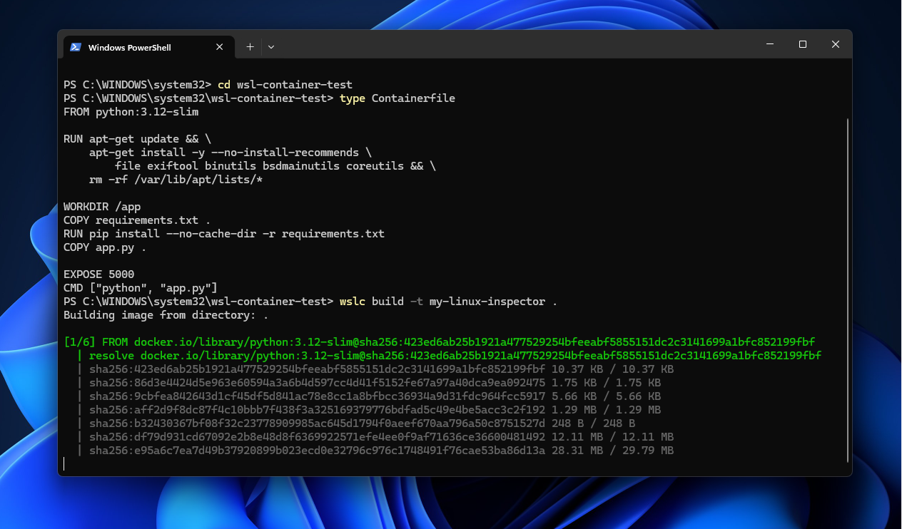 Building the custom image with wslc build