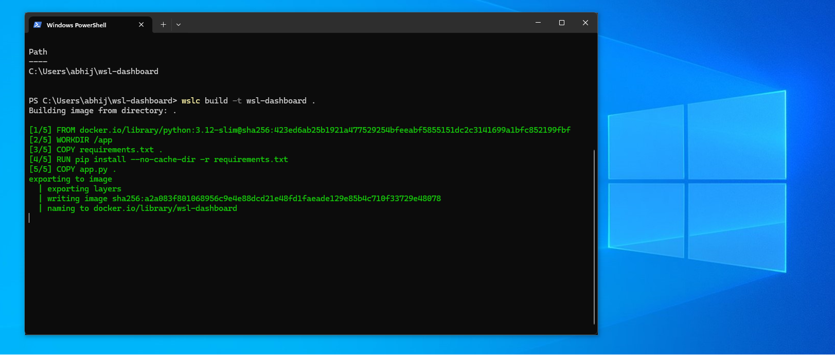Building the dashboard image with wslc build