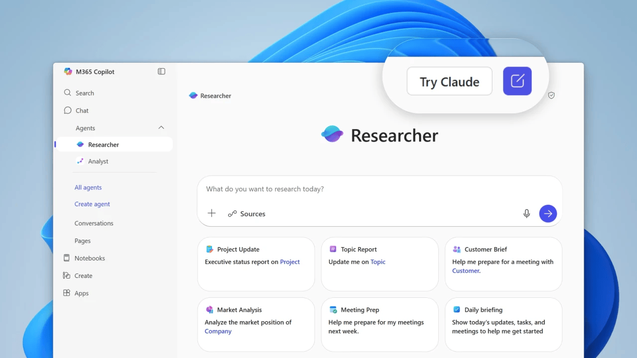 Claude in Researcher for Microsoft 365