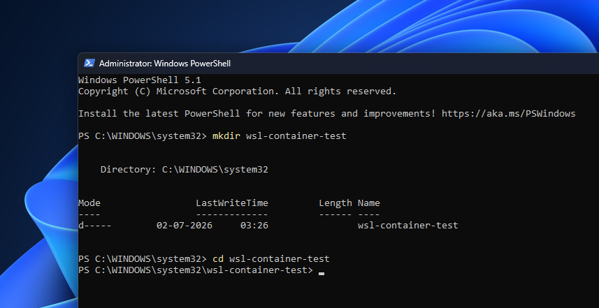 Creating a project folder for wsl container test