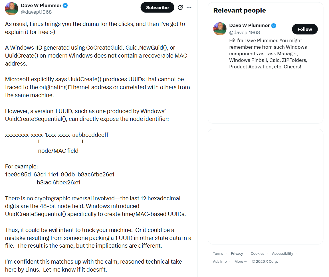 Dave Plummer's X quoted repost defending Microsoft for GDID