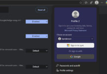 Microsoft Edge 150 browser interface showing new Google account sign-in option in the profile menu on Windows