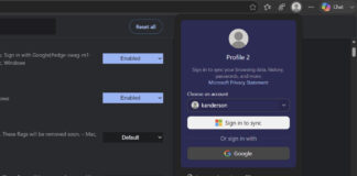 Microsoft Edge 150 browser interface showing new Google account sign-in option in the profile menu on Windows