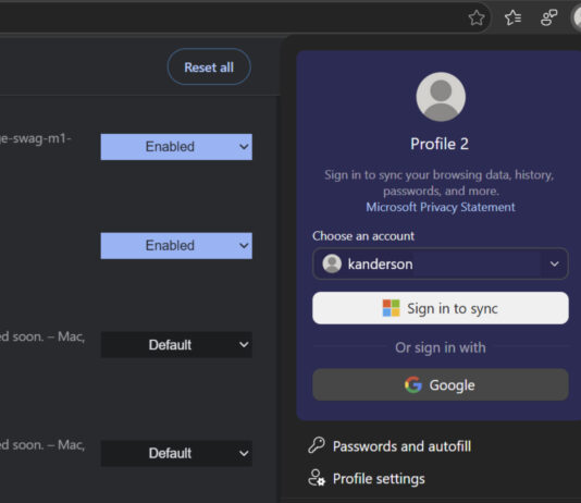 Microsoft Edge 150 browser interface showing new Google account sign-in option in the profile menu on Windows