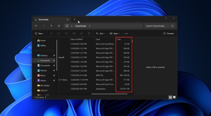 File Explorer file sizes in Windows 11