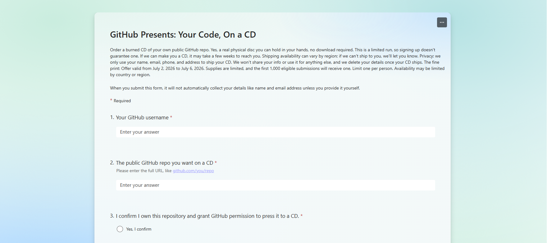 GitHub's Your Code, On a CD Microsoft Form