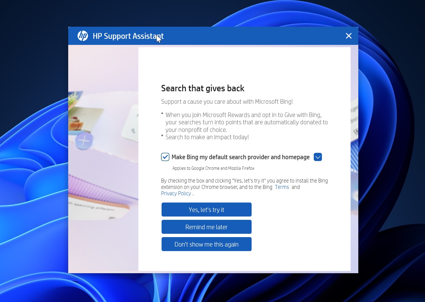 HP Support pushing Bing