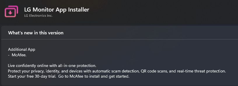 El registro de cambios del instalador de la aplicación LG Monitor muestra que la empresa admite haber instalado McAfee