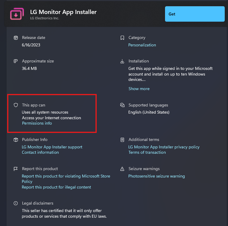 El instalador de la aplicación LG Monitor tiene acceso a todos los recursos del sistema