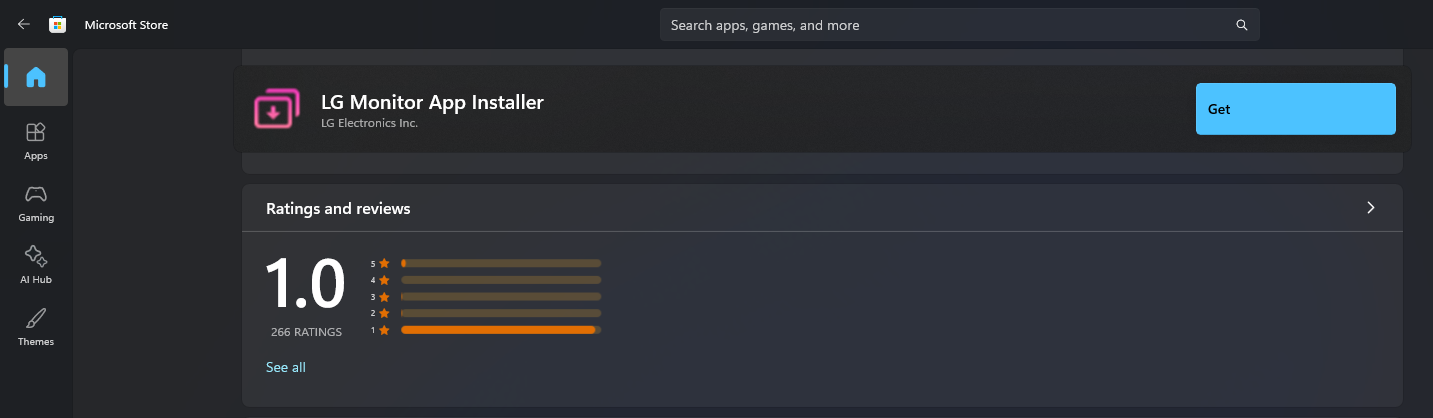 El instalador de la aplicación LG Monitor ahora tiene una calificación de una sola estrella en Microsoft Store