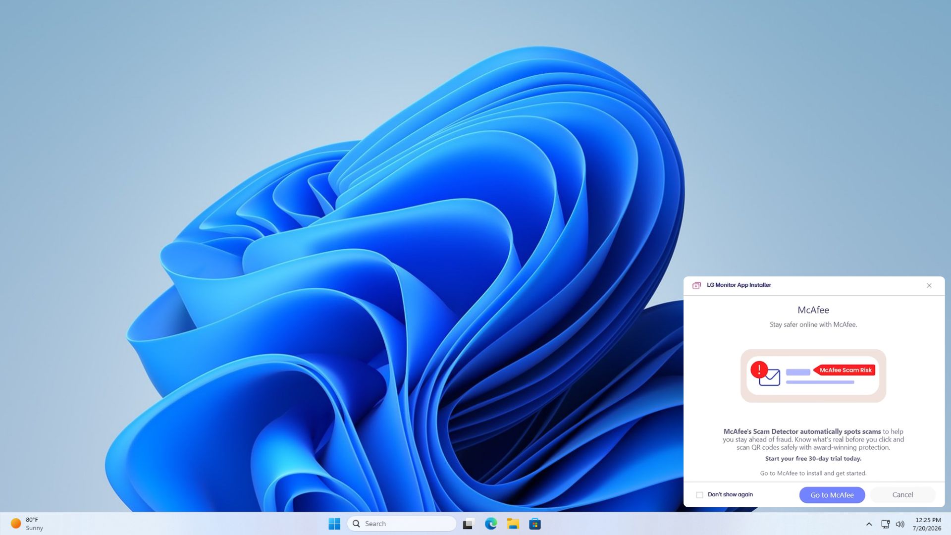 Aparece la ventana emergente McAfee del instalador de la aplicación LG Monitor