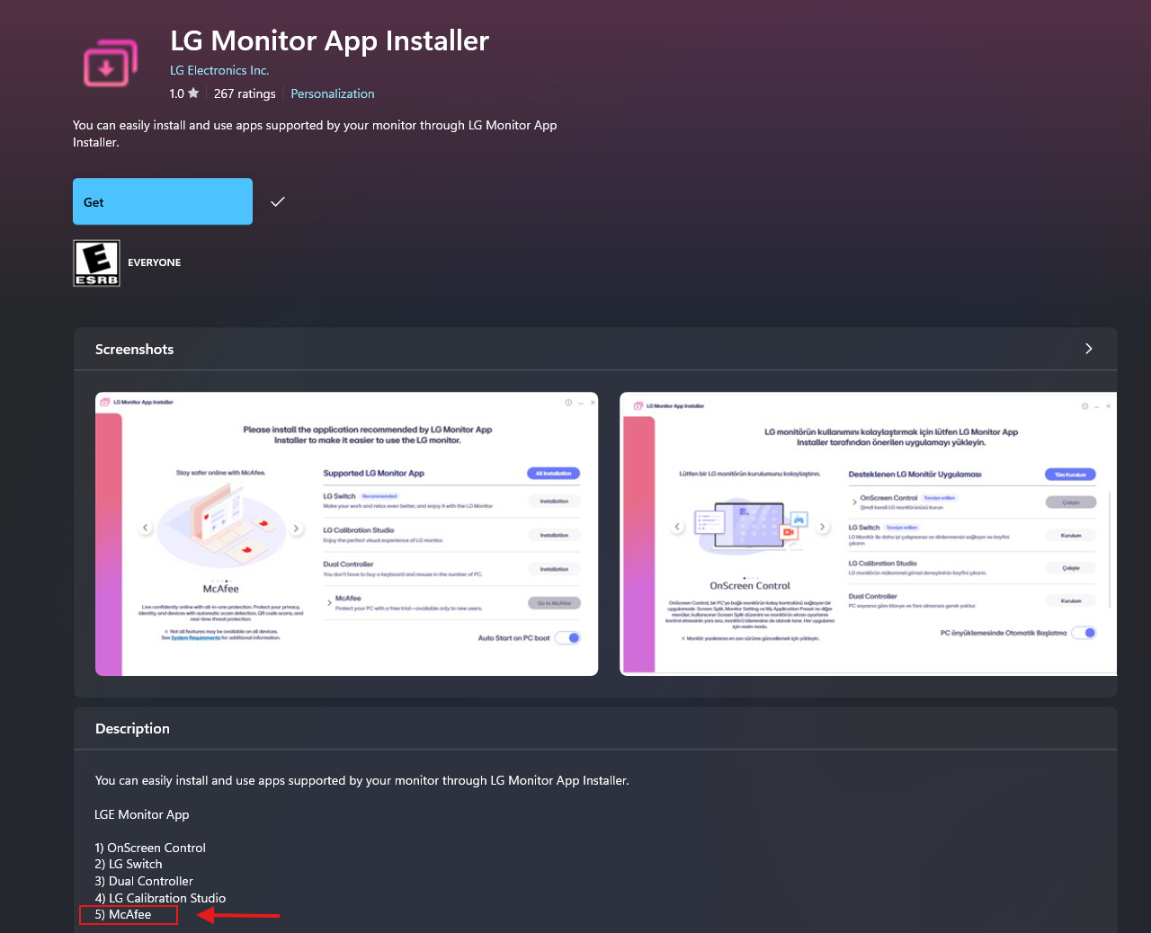 El instalador de la aplicación LG Monitor muestra a McAfee como parte de su lista de herramientas de monitorización.