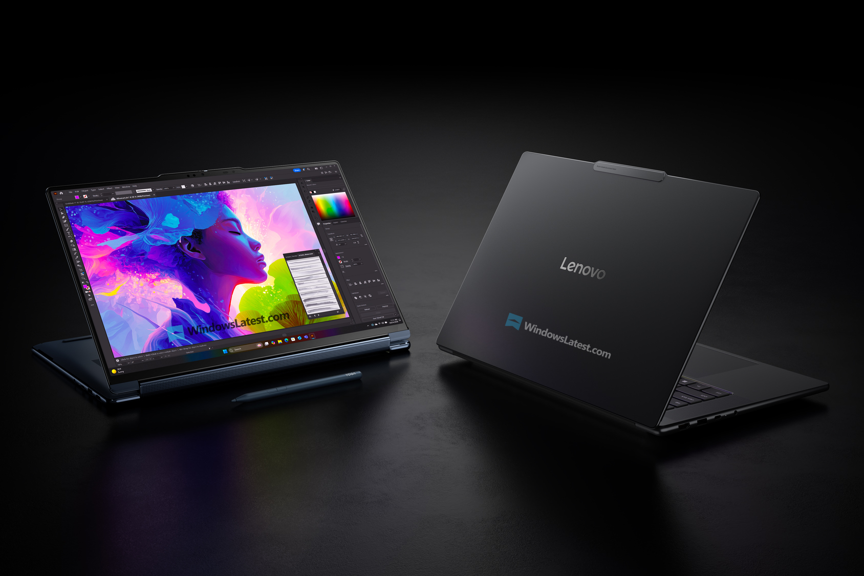 Lenovo Yoga 9n family shot with pen both running NVIDIA RTX Spark