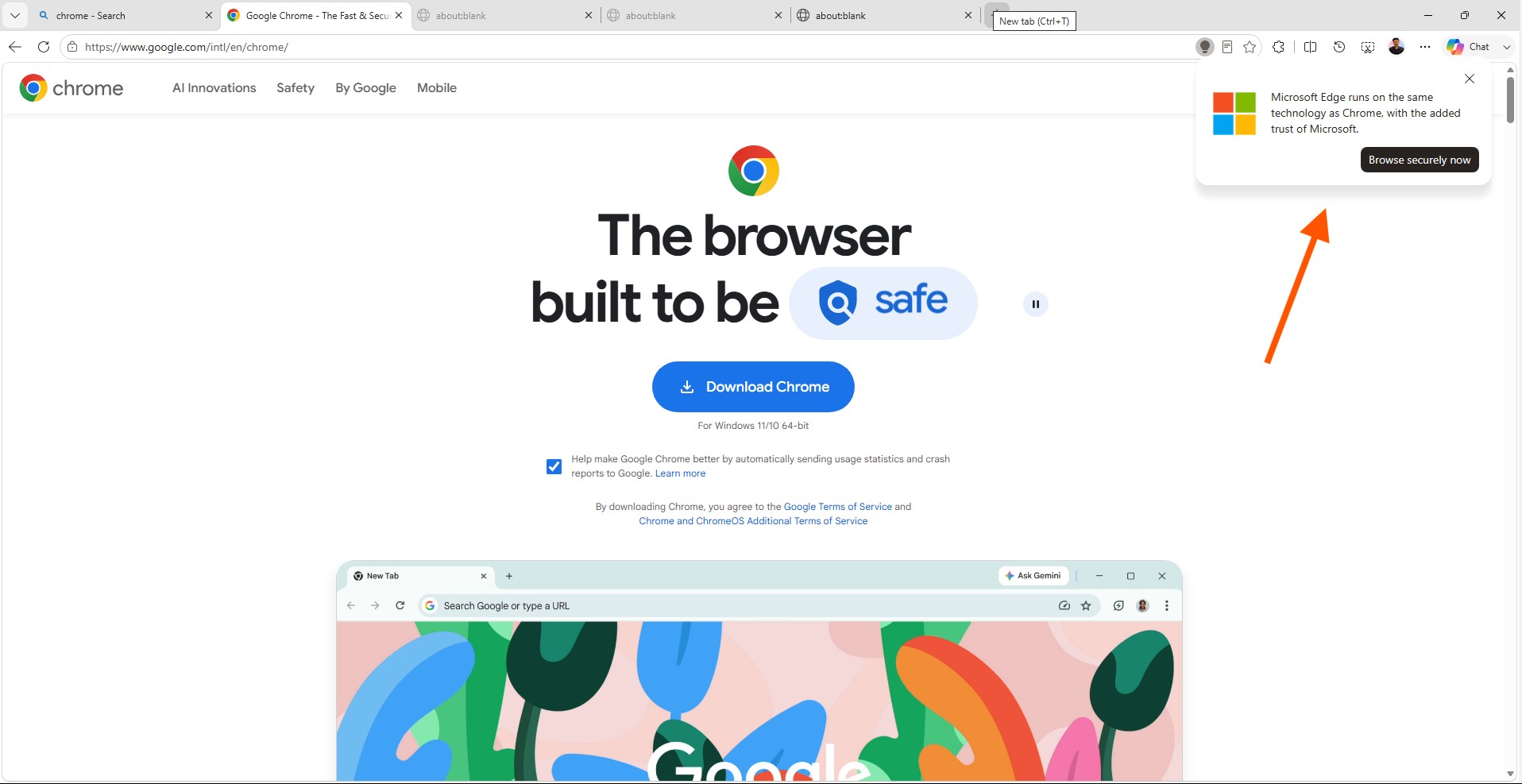 Microsoft shows a popup in Chrome download page in Edge