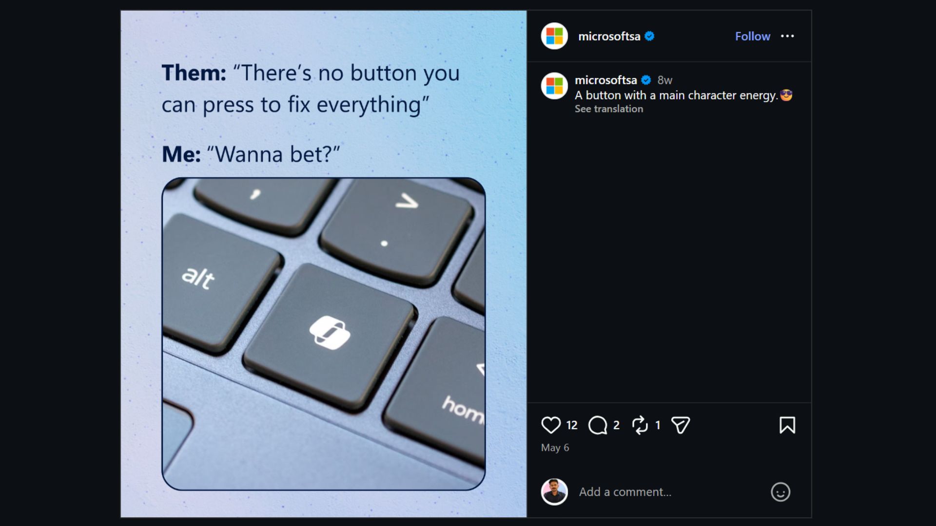 Microsoft's Copilot key post on Instagram