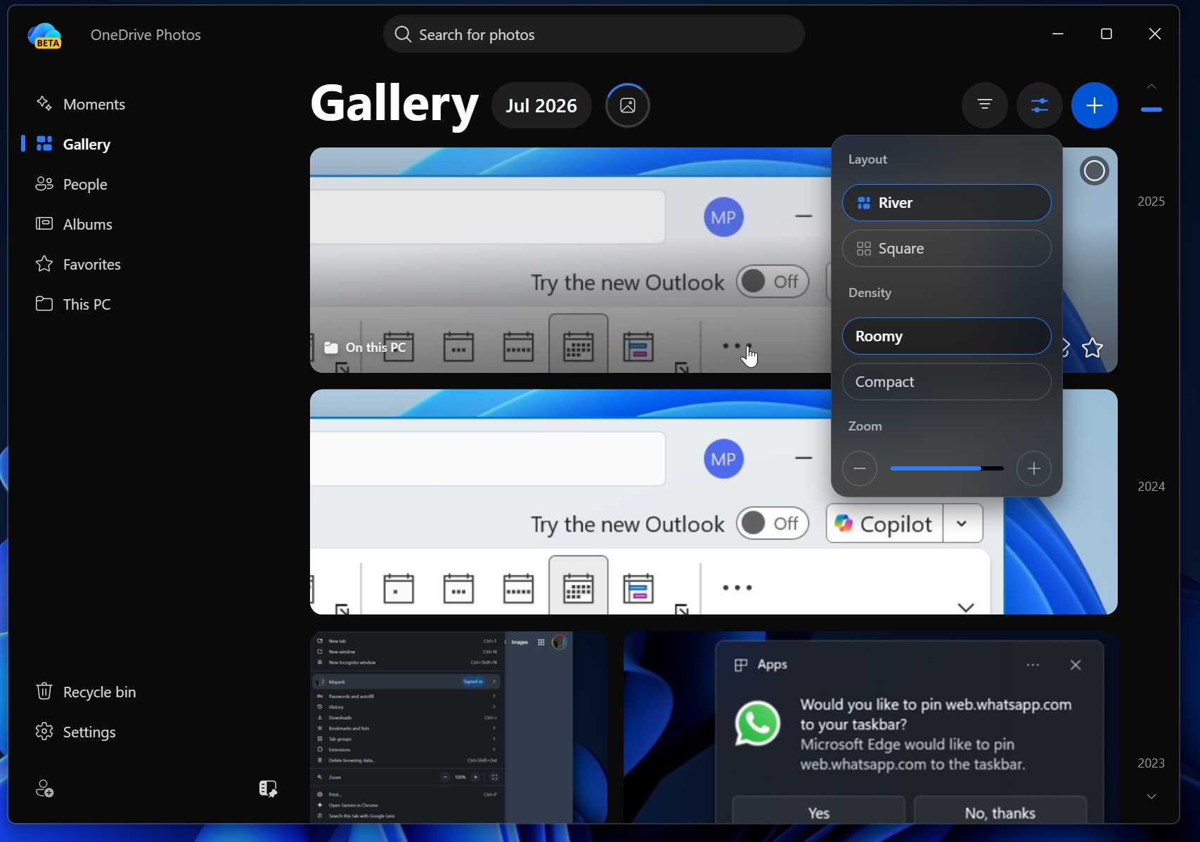 OneDrive Photos app Gallery section