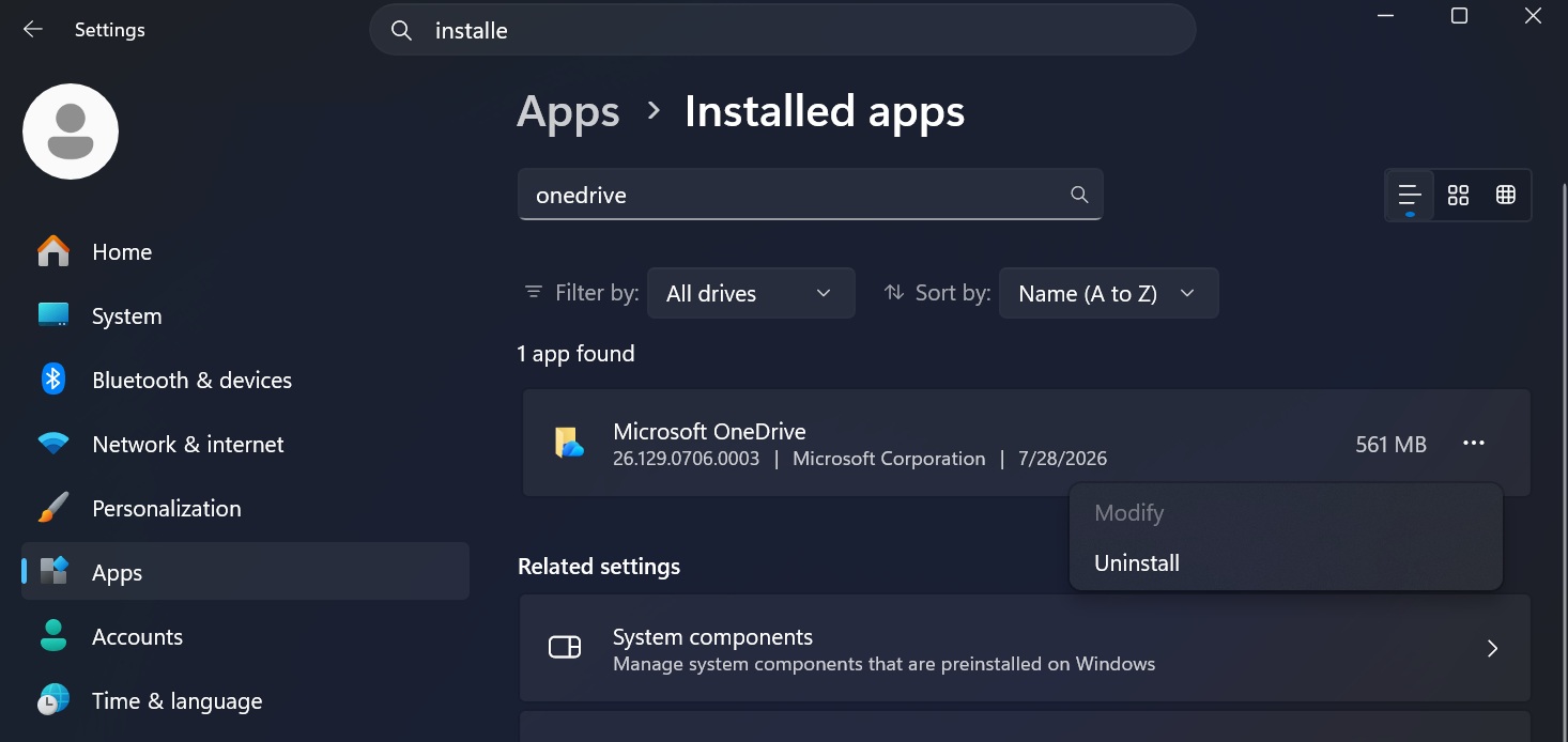 OneDrive app uninstall button