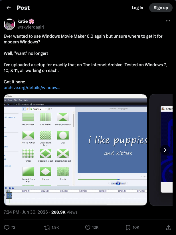 X post about Windows Media Player