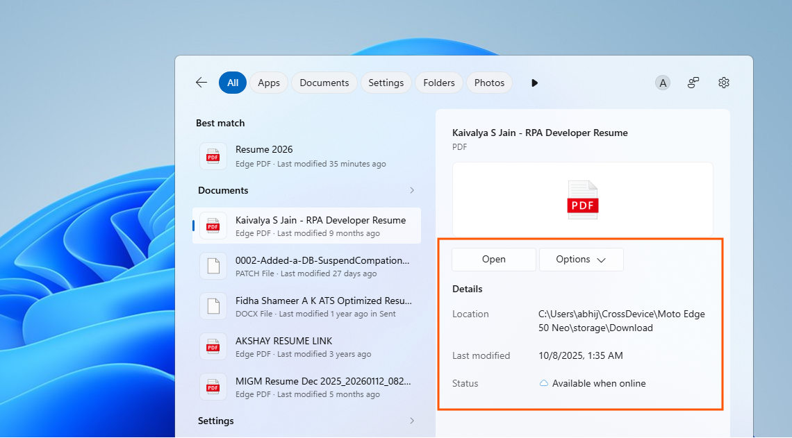 Search shows more meta data about local files