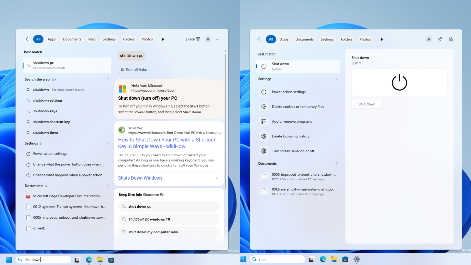 Searching Shutdown shows Shut Down option instead of web results