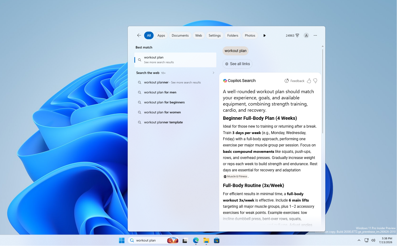 Searching workout plan in new Windows Search