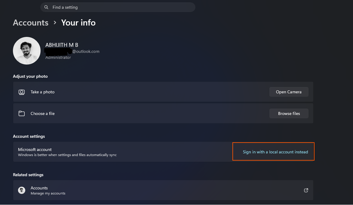 Sign in with a local account