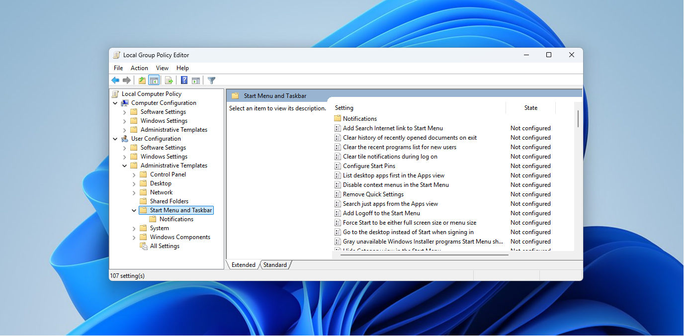 Start menu group policy editor