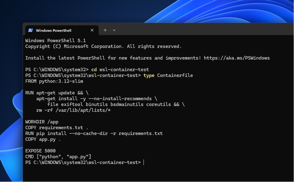 The Containerfile packages a small Linux inspection tool, working the same way a Dockerfile does