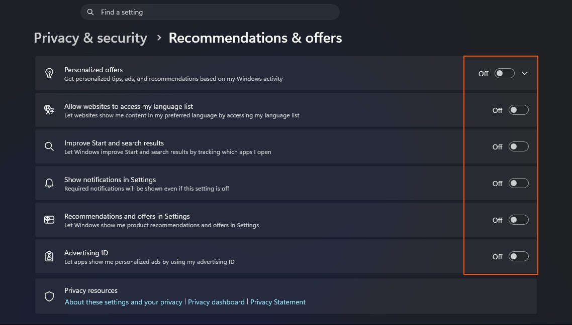 Turn off personalized recommendations