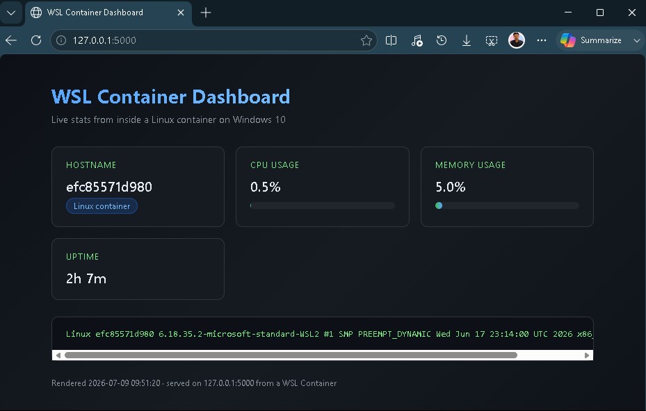 WSL Container Dashboard running in Windows 10