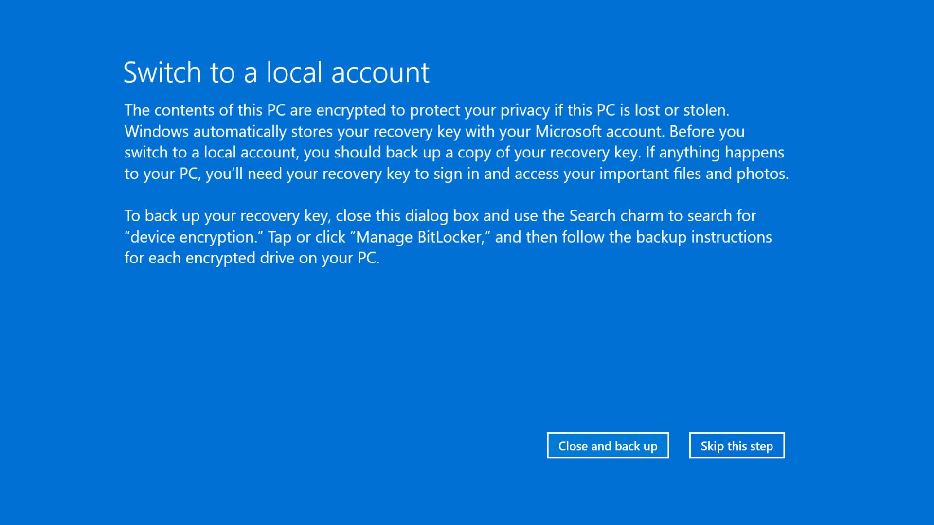 Windows 11 showing Windows 8 style dialog while switching to local account in Settings