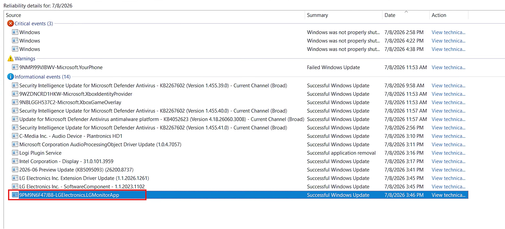 Monitor de confiabilidad de Windows que muestra la aplicación LG Monitor instalada