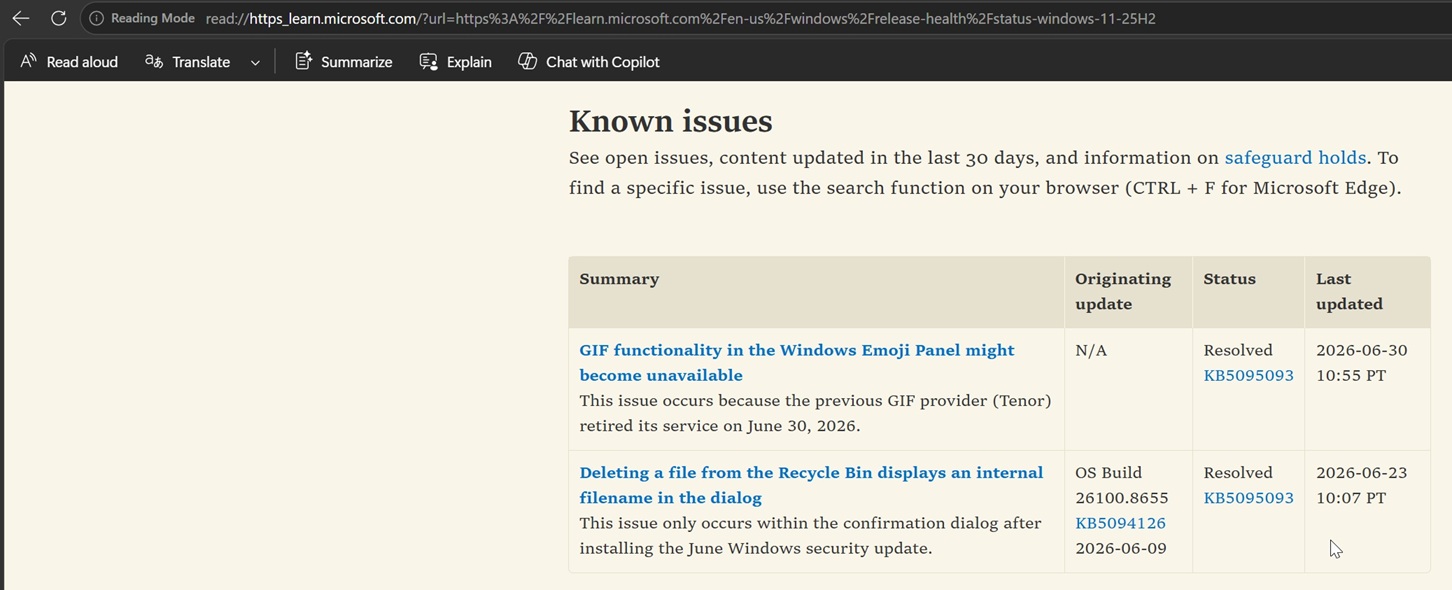 Windows dashboard known issues