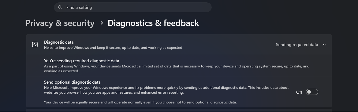 turn off sending optional diagnostic data