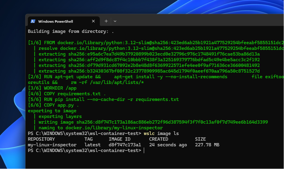 wslc image ls confirms the custom image built successfully