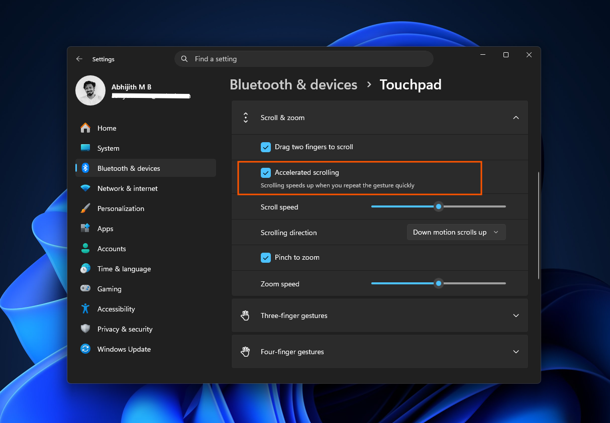 Accelerated Scrolling feature for Touchpads in Windows 11