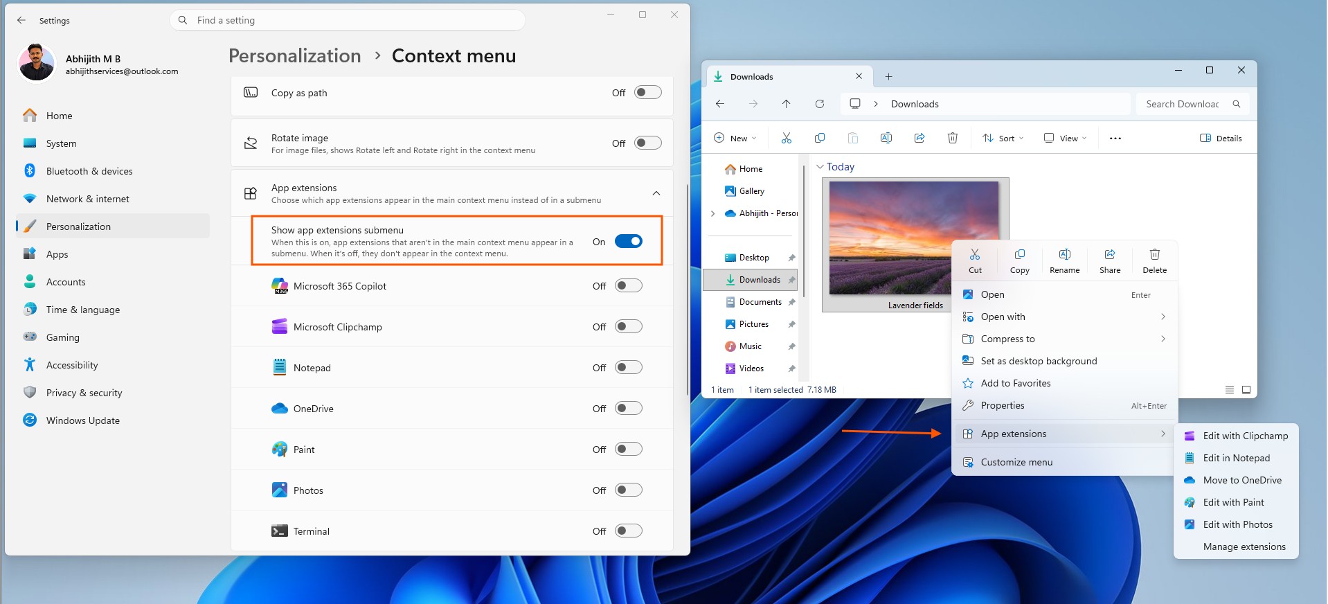 App extensions sub-menu in Windows 11 new context menu