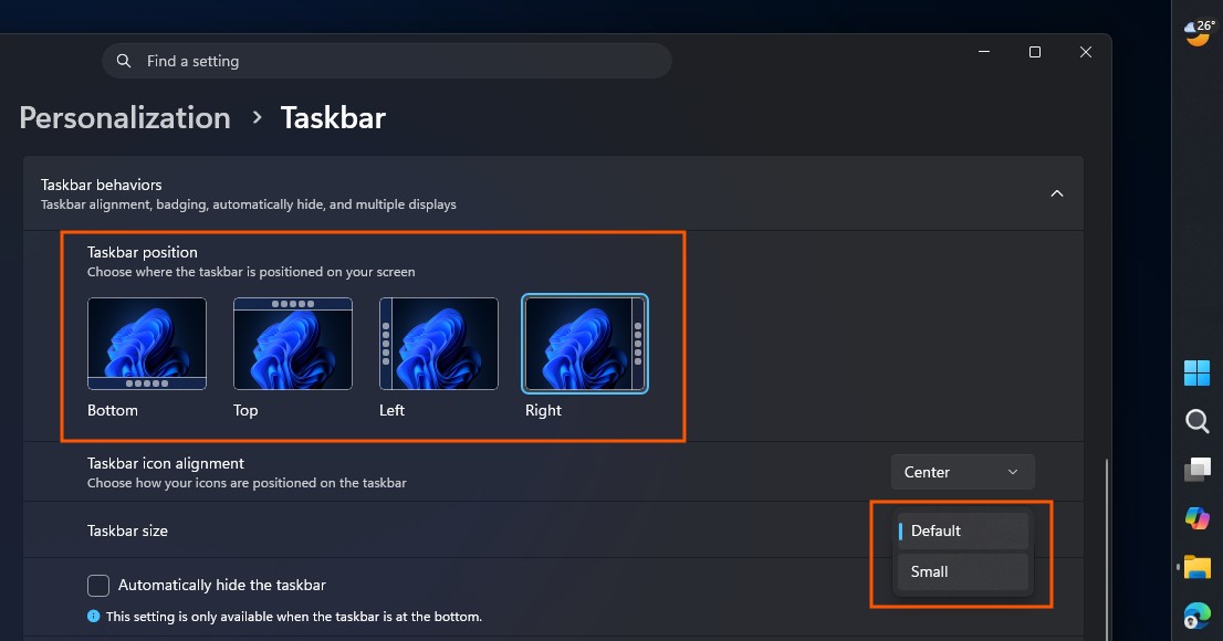 Changing Taskbar position and Size in Windows 11