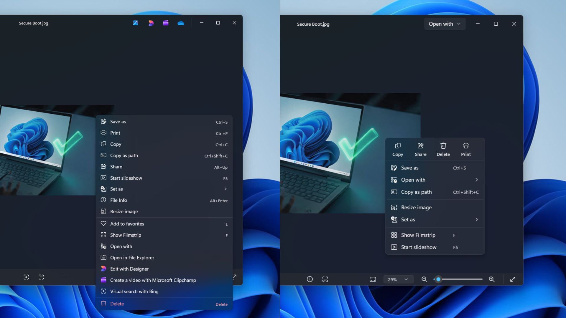Context menu comparison between old Photos and new Photos