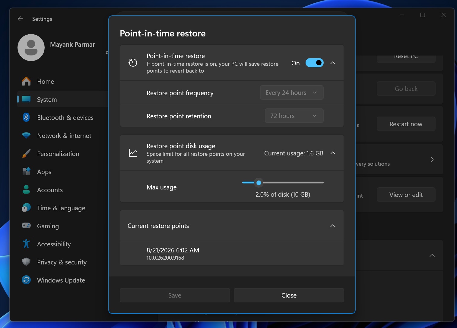 Enable Point-in-Time restore on Windows 11