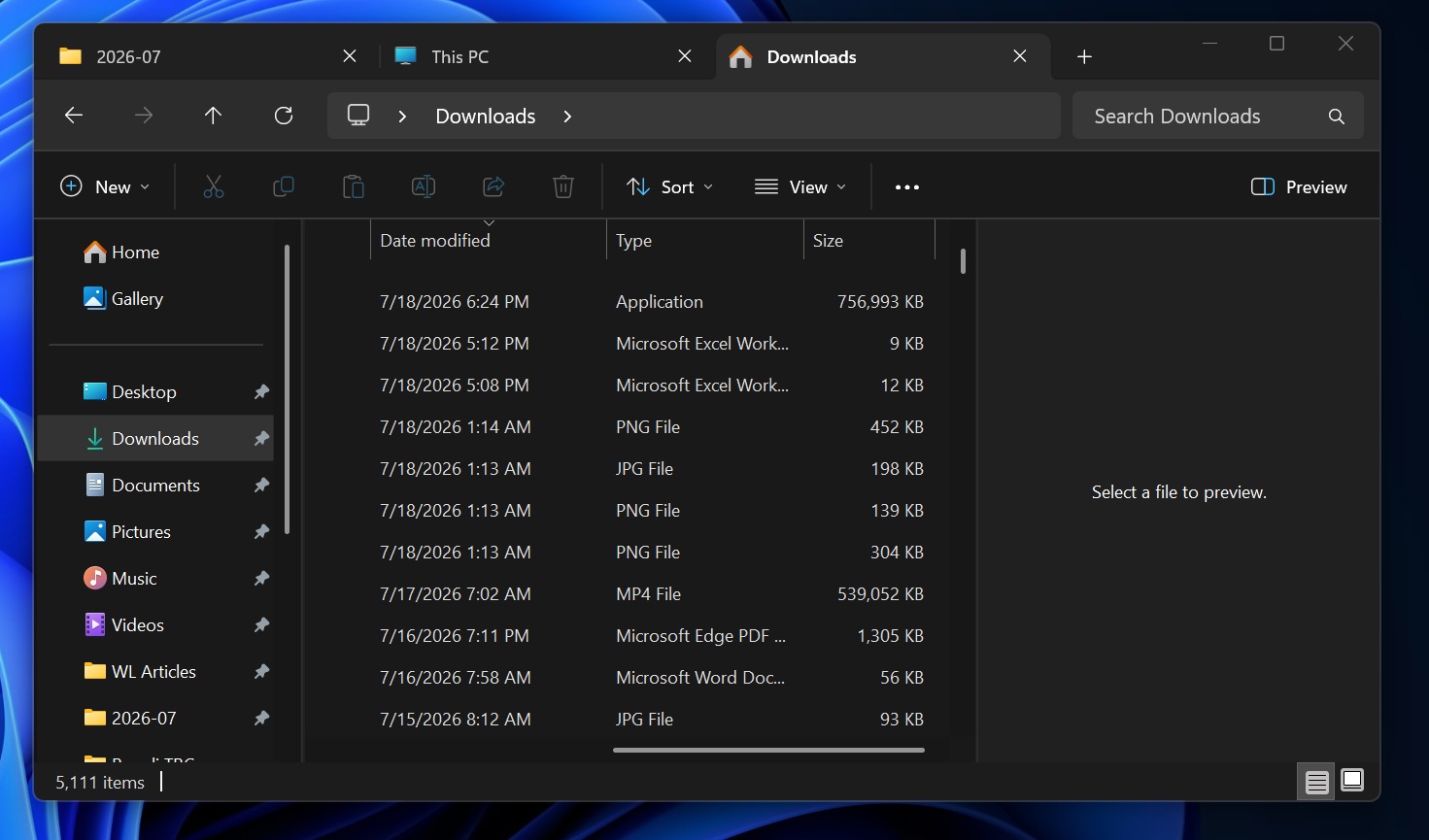 File Explorer file size before