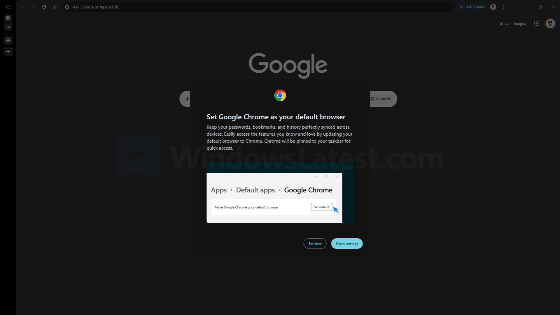 Google Chrome asking to make it default browser with a centre alligned large pop-up