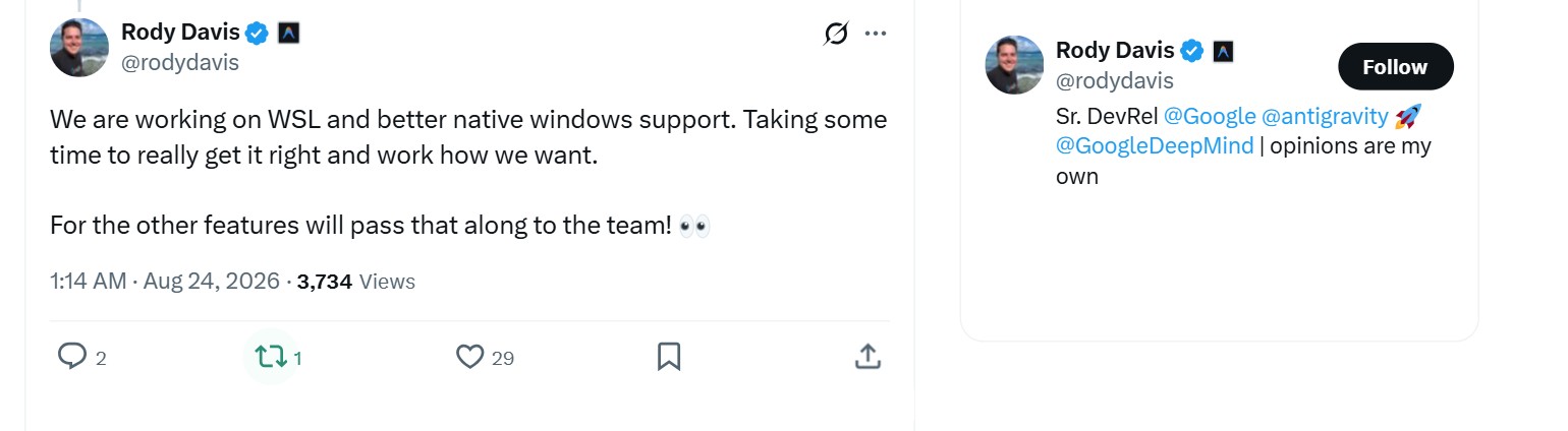 Google confirms WSL and native support for Antigravity agentic development tool
