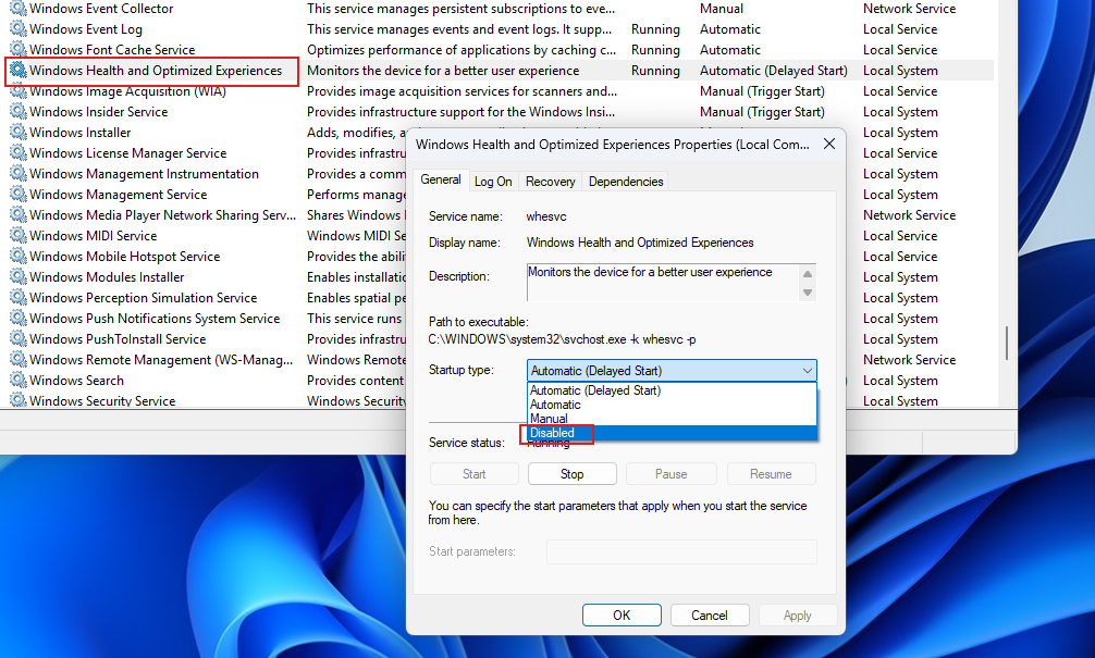 How to disable Windows Health and Optimized Experiences